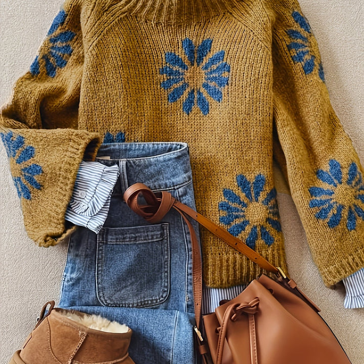 Ingelore | Kuscheliger Pullover mit Blütenmuster und Stehkragen
