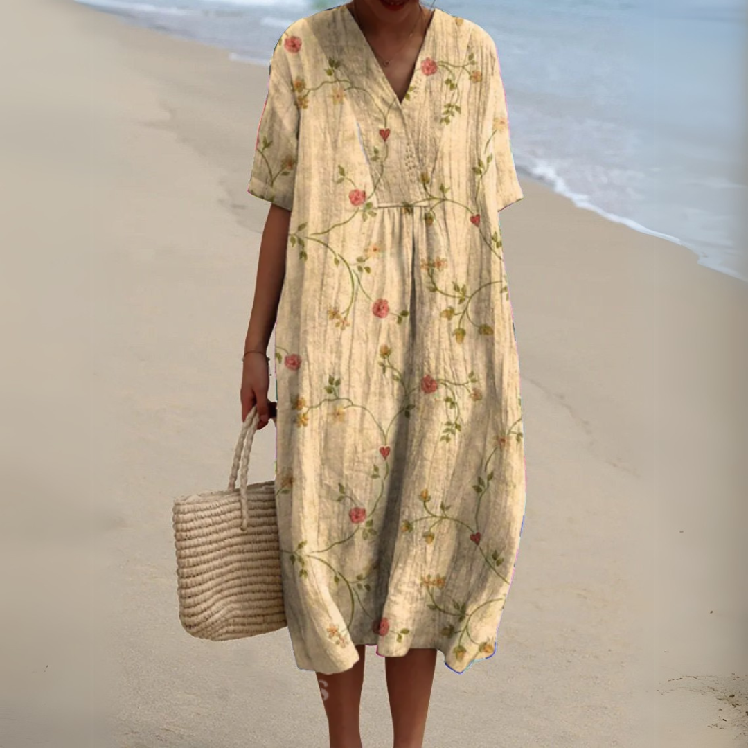 Gundula | Elegantes Blumen-Sommerkleid mit V-Ausschnitt