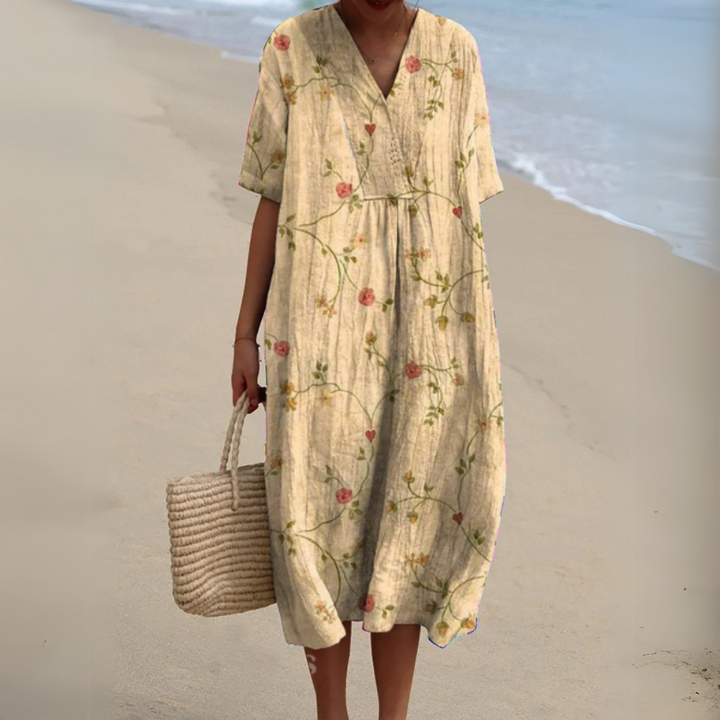Gundula | Elegantes Blumen-Sommerkleid mit V-Ausschnitt