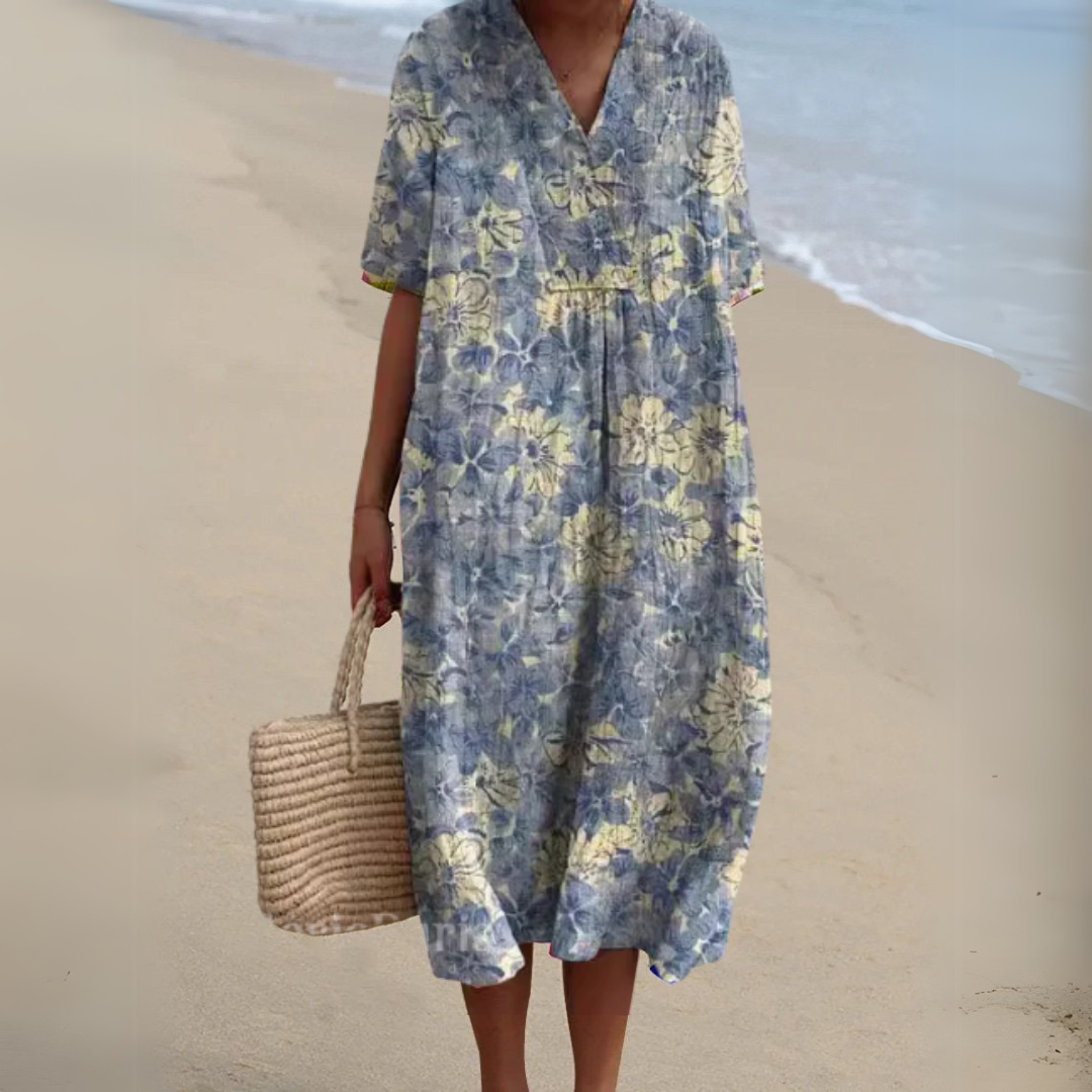 Gundula | Elegantes Blumen-Sommerkleid mit V-Ausschnitt