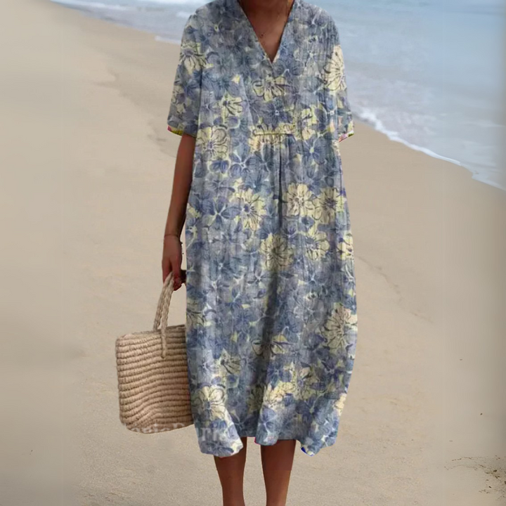 Gundula | Elegantes Blumen-Sommerkleid mit V-Ausschnitt