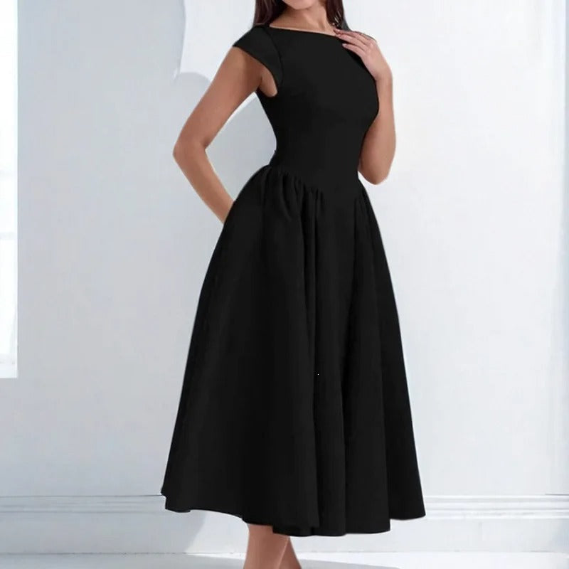 Amelie | Damen Vintage Satin Midi-Kleid mit Carmen-Ausschnitt