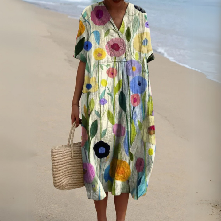 Gundula | Elegantes Blumen-Sommerkleid mit V-Ausschnitt