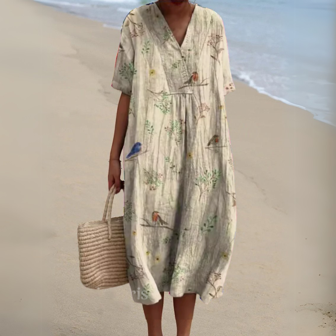 Gundula | Elegantes Blumen-Sommerkleid mit V-Ausschnitt
