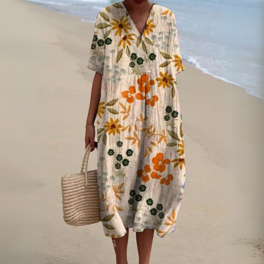 Gundula | Elegantes Blumen-Sommerkleid mit V-Ausschnitt