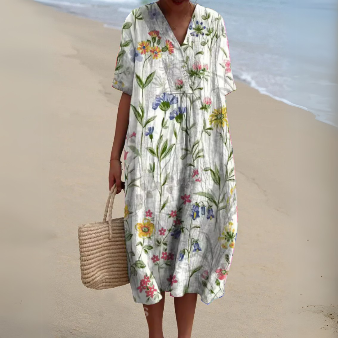 Gundula | Elegantes Blumen-Sommerkleid mit V-Ausschnitt
