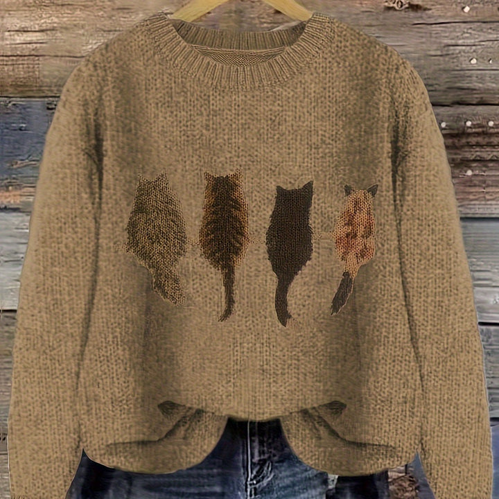 Nicole | Kuscheliger Rundhals-Pullover mit Katzen-Motiv