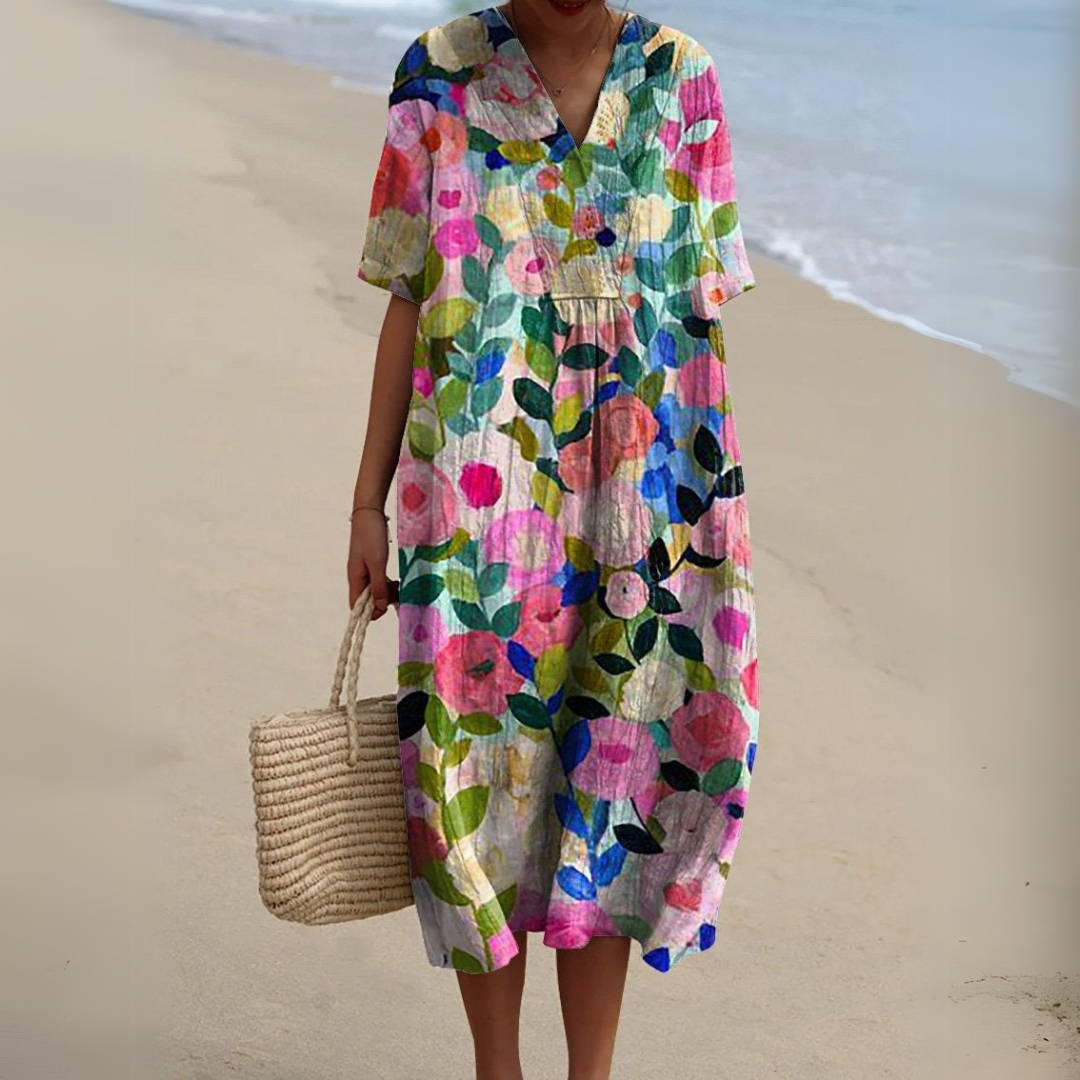 Gundula | Elegantes Blumen-Sommerkleid mit V-Ausschnitt