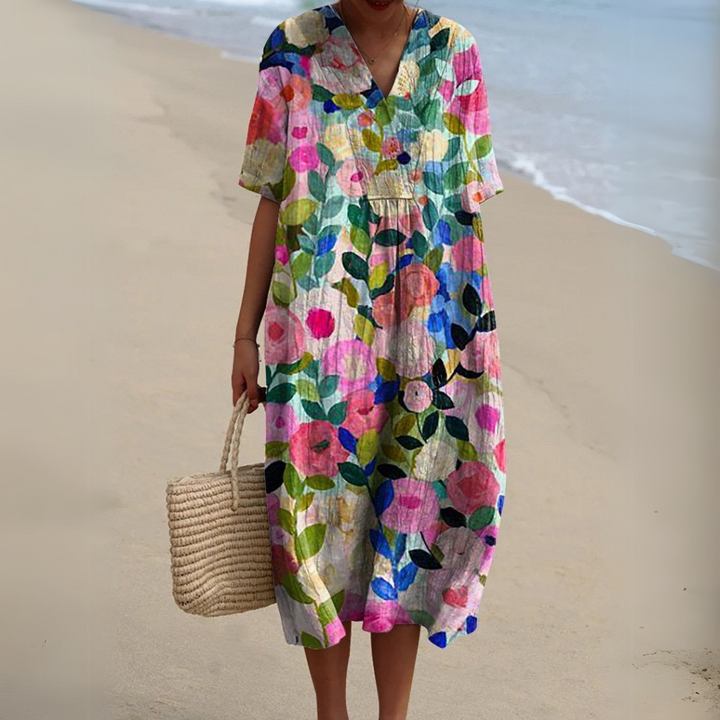 Gundula | Elegantes Blumen-Sommerkleid mit V-Ausschnitt