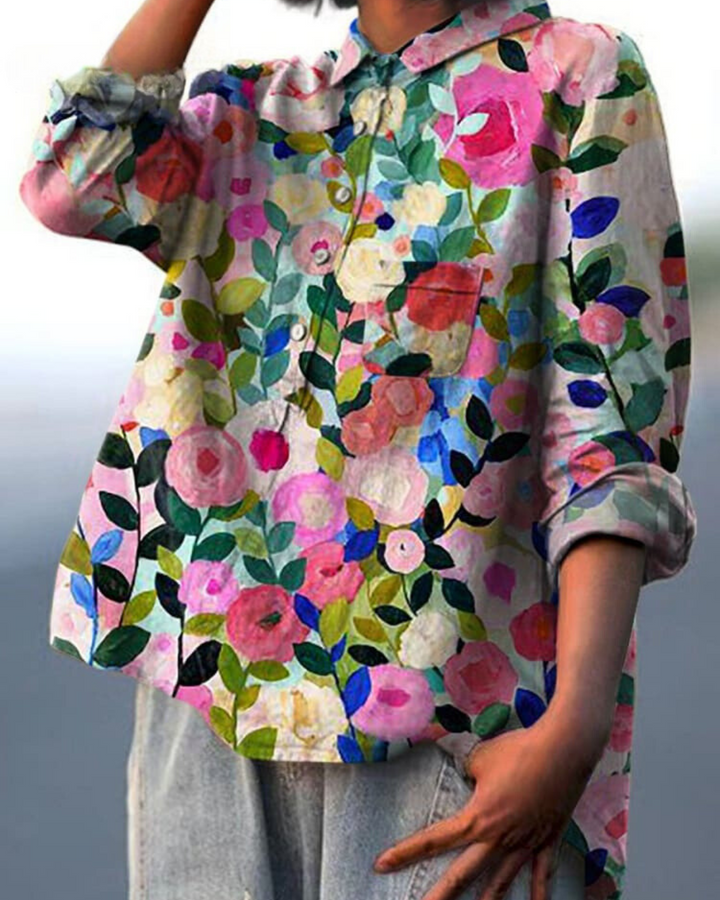 Leonie | Damen Blumen Bluse Mit Knopfleiste Und Tasche