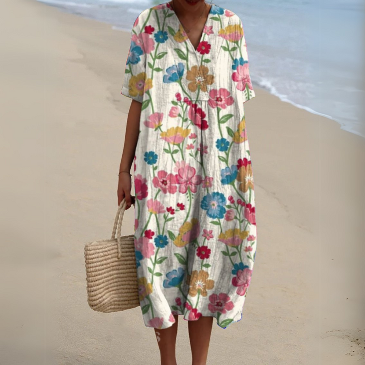 Gundula | Elegantes Blumen-Sommerkleid mit V-Ausschnitt