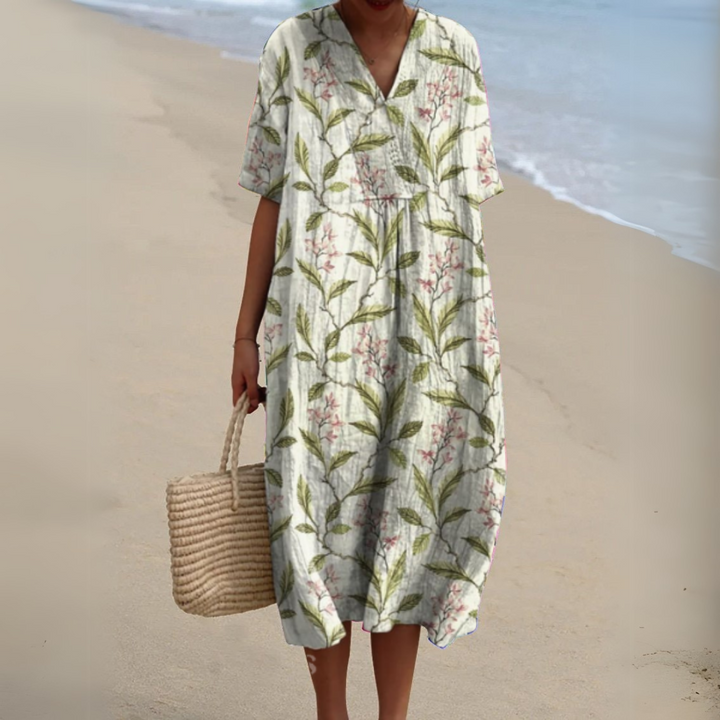 Gundula | Elegantes Blumen-Sommerkleid mit V-Ausschnitt
