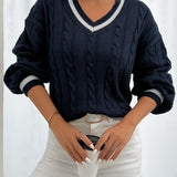 Cordelia | Klassischer Zopfstrick-Pullover mit V-Ausschnitt