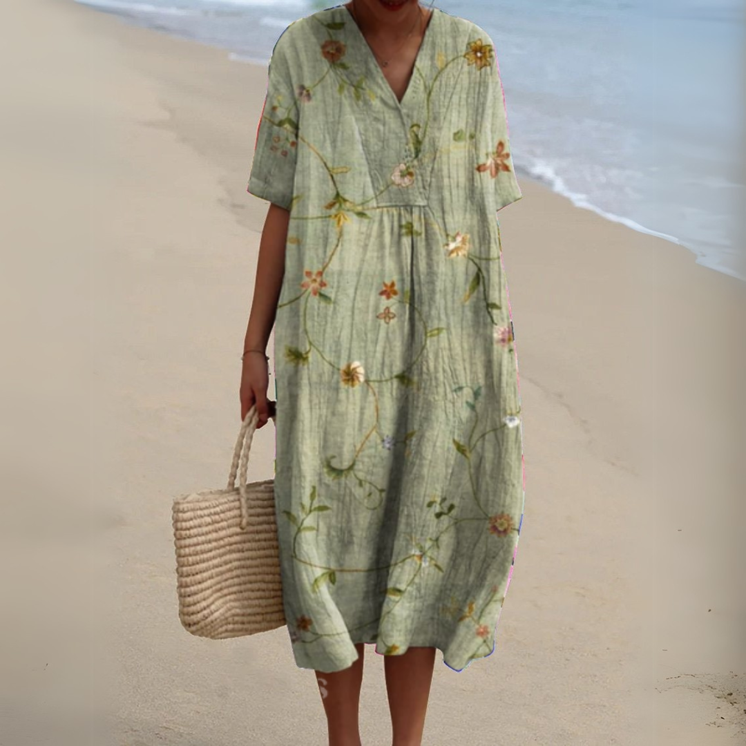 Gundula | Elegantes Blumen-Sommerkleid mit V-Ausschnitt