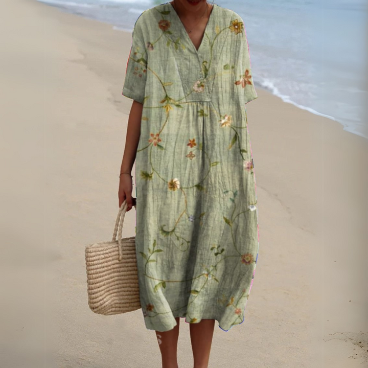 Gundula | Elegantes Blumen-Sommerkleid mit V-Ausschnitt