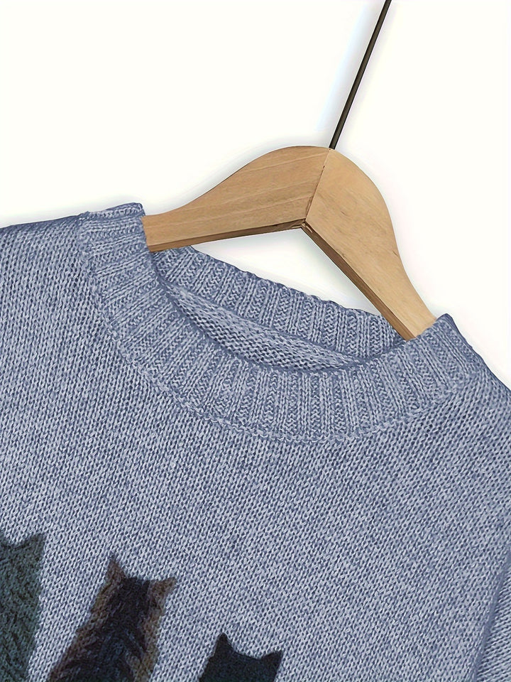 Nicole | Kuscheliger Rundhals-Pullover mit Katzen-Motiv