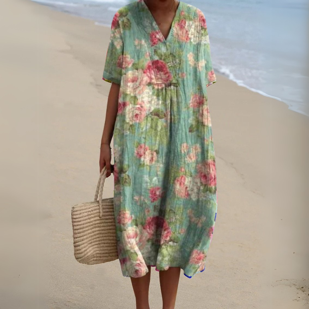 Gundula | Elegantes Blumen-Sommerkleid mit V-Ausschnitt