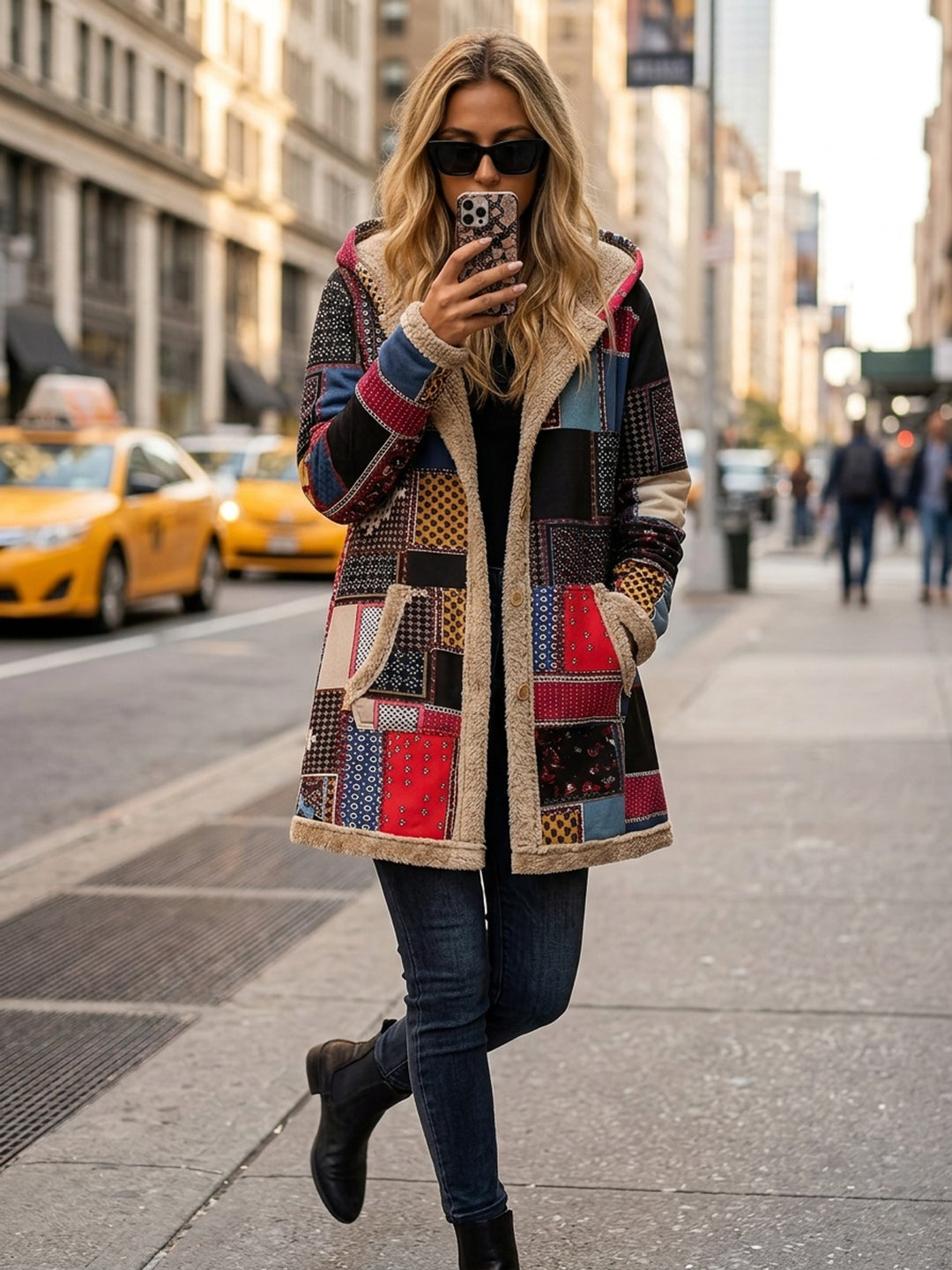 Erna | Kuschelweicher Kapuzenmantel im Patchwork-Look