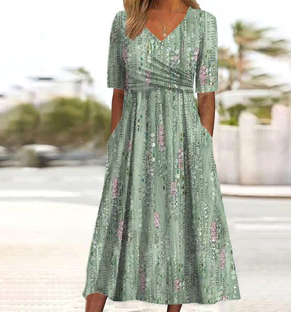 Magdalena | Damen Blumen V-Ausschnitt Midi Kleid Mit Taschen