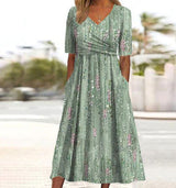 Magdalena | Damen Blumen V-Ausschnitt Midi Kleid Mit Taschen