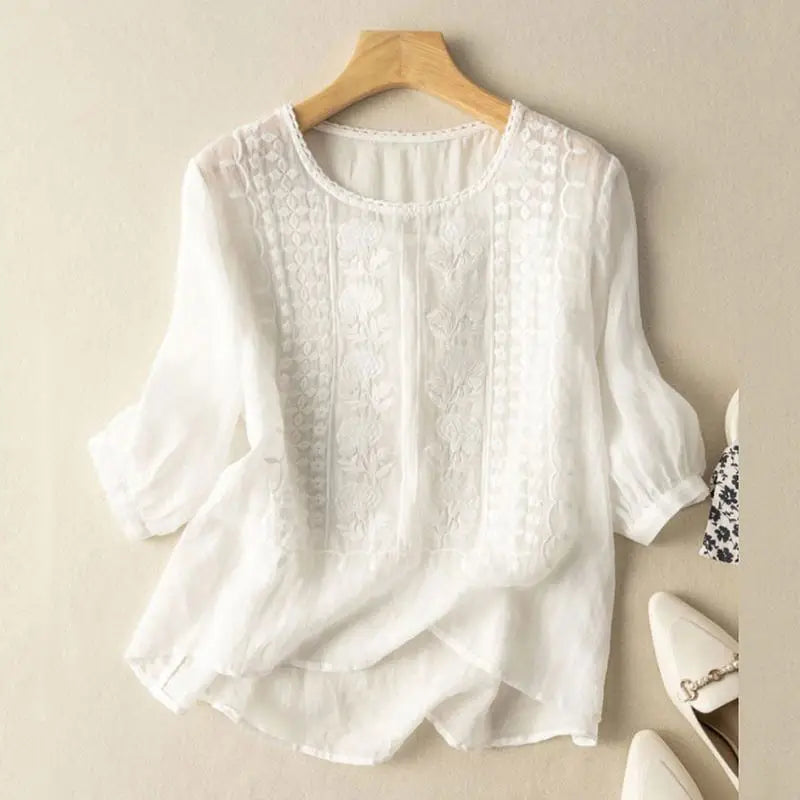 Jessica | Damen Bestickte Bluse Mit Rundhalsausschnitt