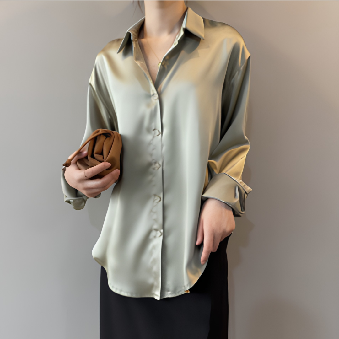 Mia | Damen Satin Langarm-Bluse mit Knopfleiste
