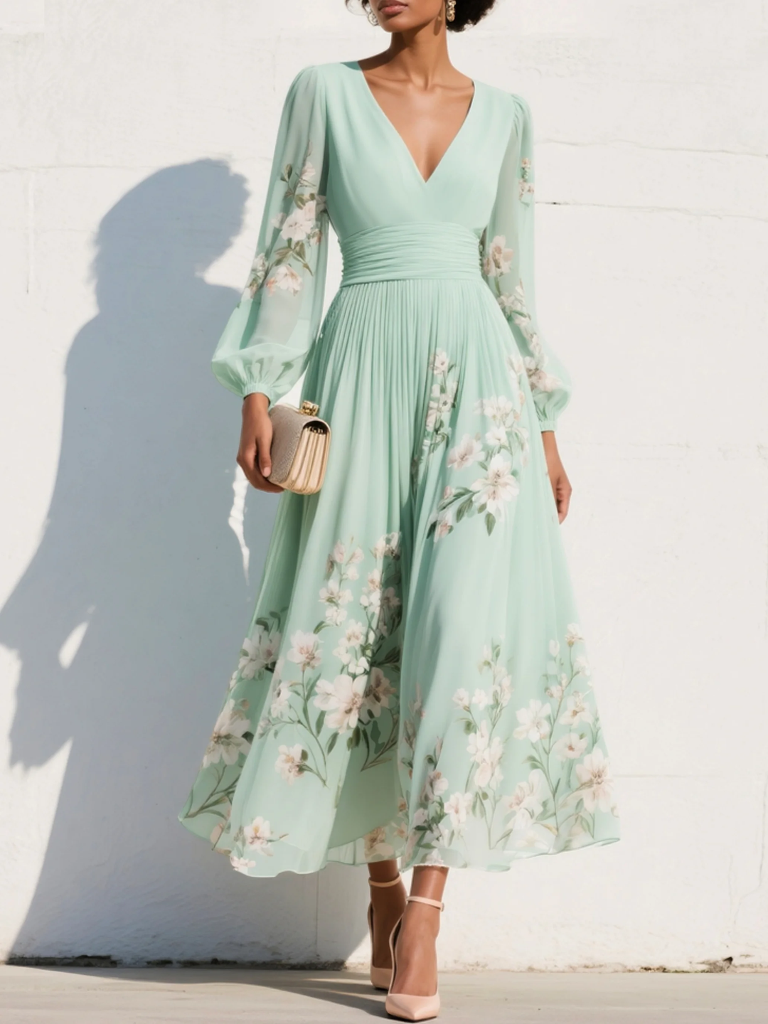 Regine | Florales Midikleid mit V-Ausschnitt