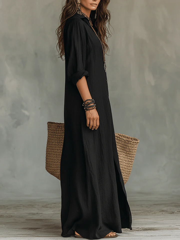 Hildegard | Fließendes Maxikleid mit Hemdkragen