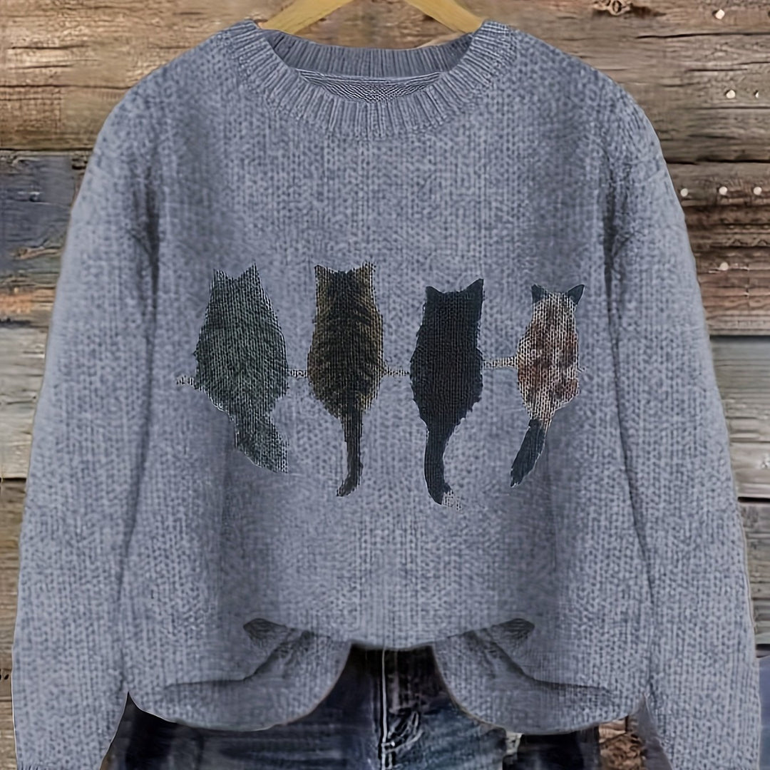 Nicole | Kuscheliger Rundhals-Pullover mit Katzen-Motiv