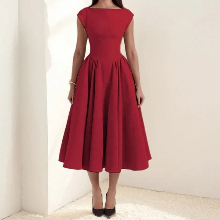 Amelie | Damen Vintage Satin Midi-Kleid mit Carmen-Ausschnitt