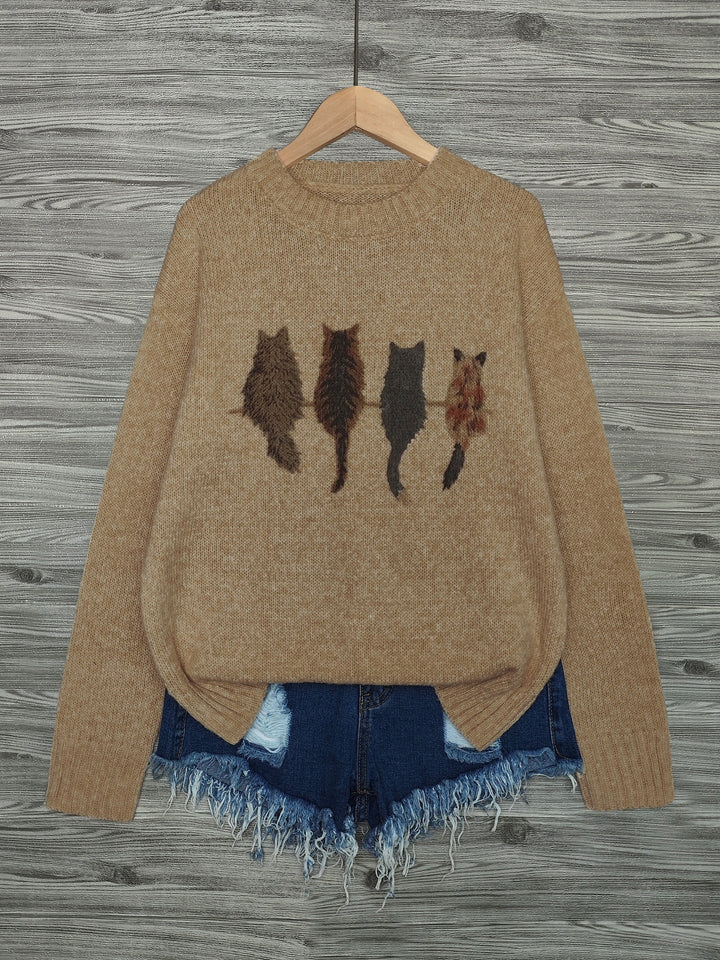 Nicole | Kuscheliger Rundhals-Pullover mit Katzen-Motiv