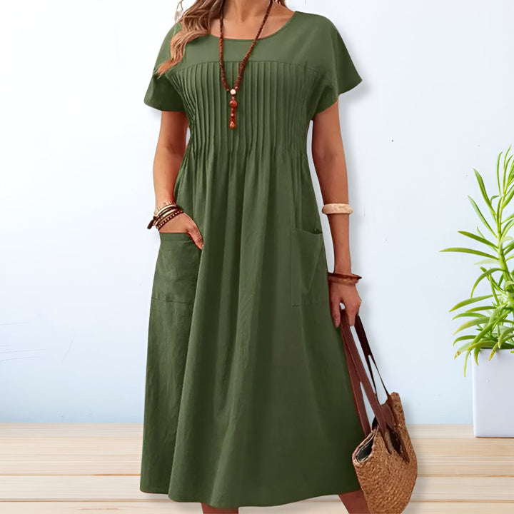 Laura | Damen Plissee Kurzarm Midi Kleid