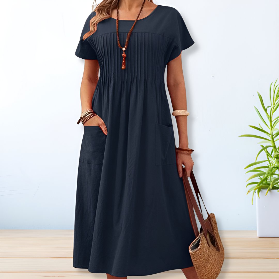 Laura | Damen Plissee Kurzarm Midi Kleid