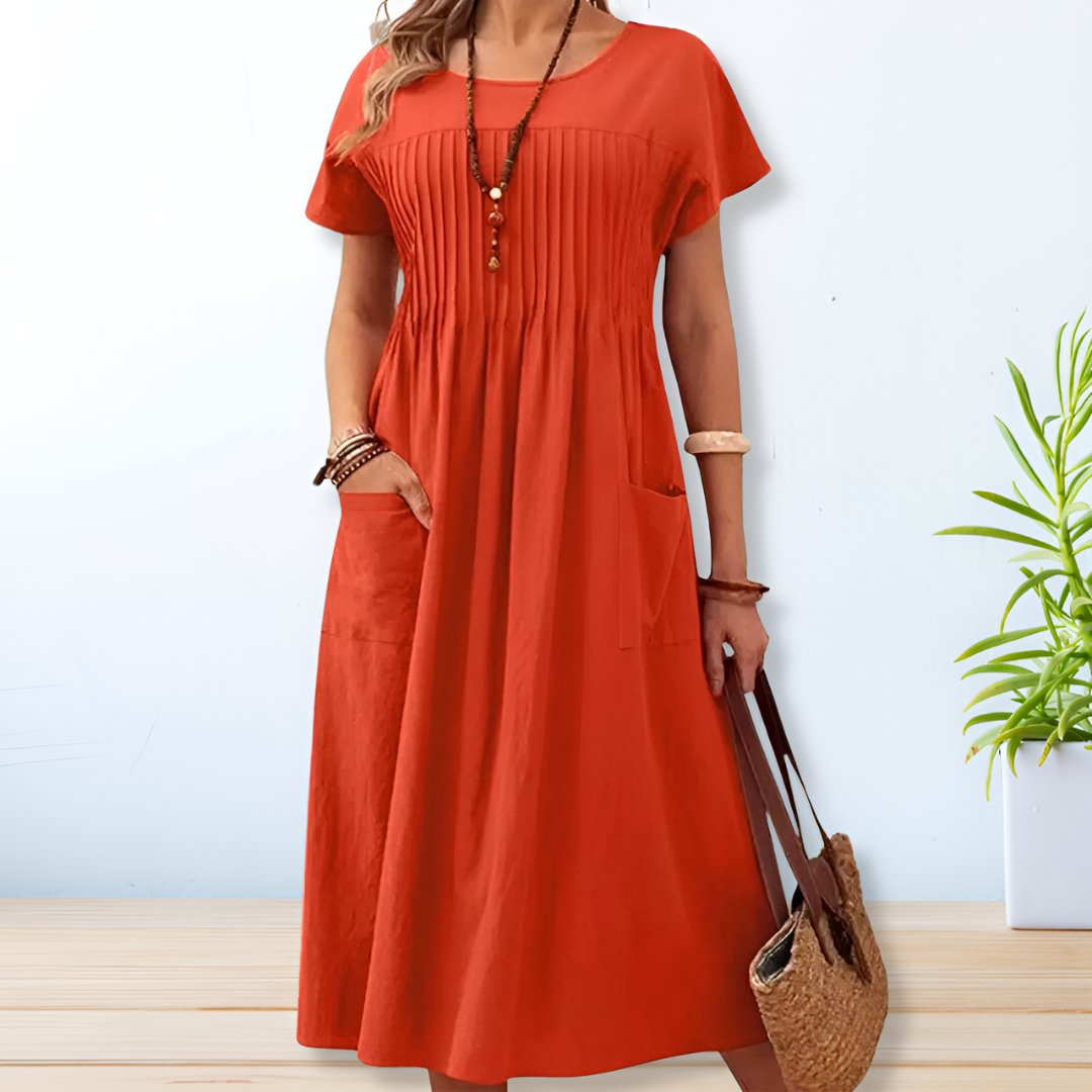 Laura | Damen Plissee Kurzarm Midi Kleid
