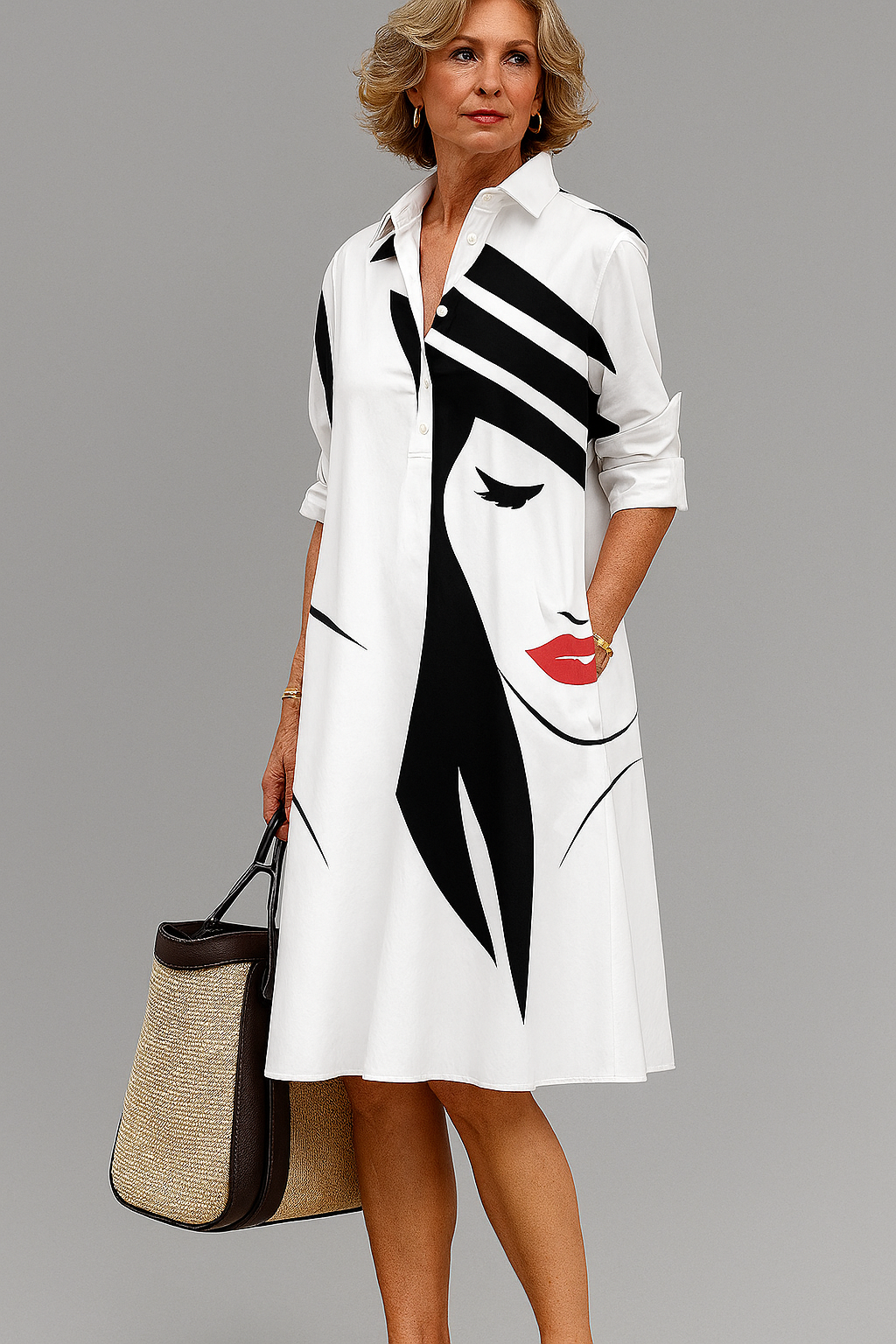 Marlis | Elegantes Hemdblusenkleid mit grafischem Muster