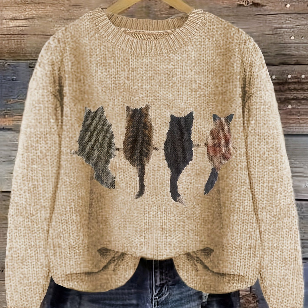 Nicole | Kuscheliger Rundhals-Pullover mit Katzen-Motiv