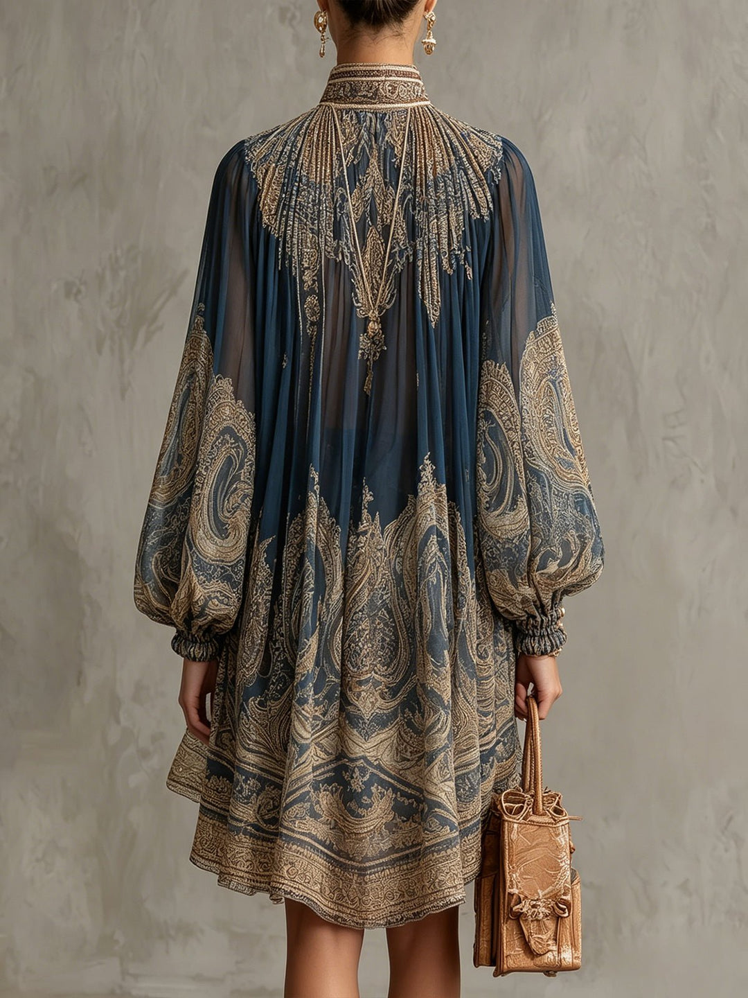 Sophie | Damen Barock Chiffon High-Neck Kleid Fließende Ärmel