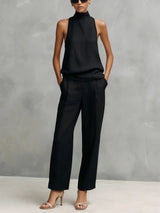Clara | Damen Baumwoll-Leinen Ärmellose High-Neck Top Hose Set
