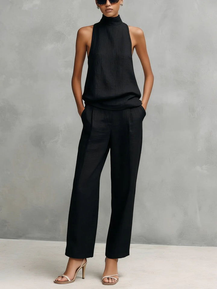 Clara | Damen Baumwoll-Leinen Ärmellose High-Neck Top Hose Set
