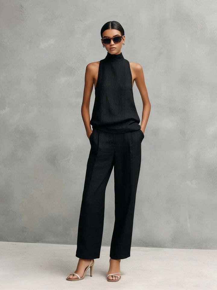 Clara | Damen Baumwoll-Leinen Ärmellose High-Neck Top Hose Set