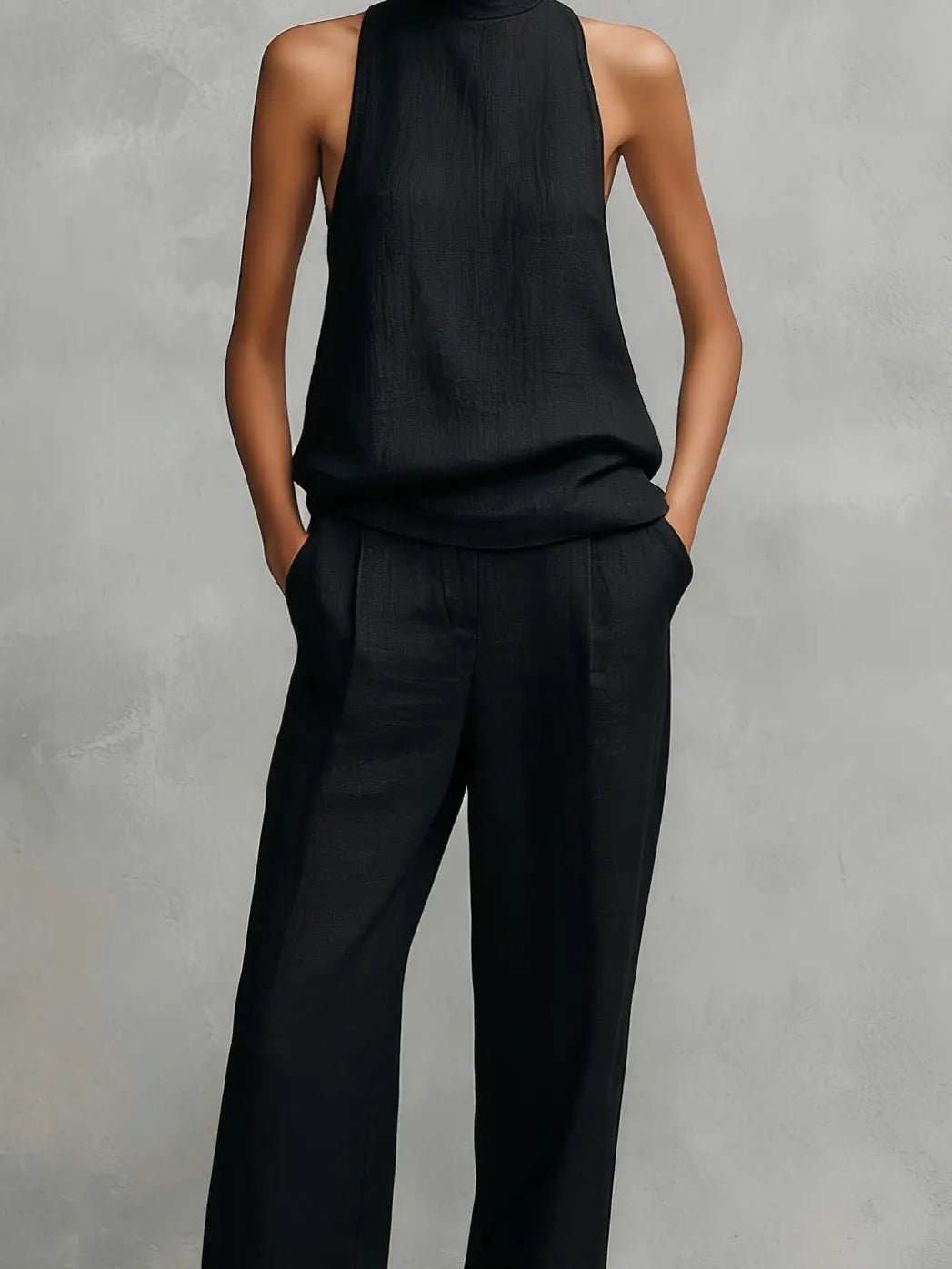 Clara | Damen Baumwoll-Leinen Ärmellose High-Neck Top Hose Set