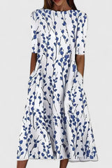 Amelie | Damen Baumwolle A-Linie Blumen Rundhals Midi-Kleid