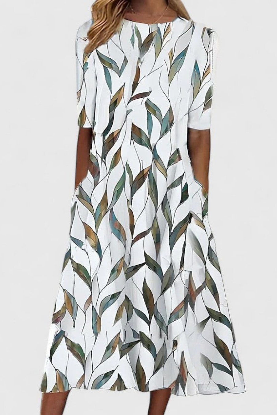 Amelie | Damen Baumwolle A-Linie Blumen Rundhals Midi-Kleid