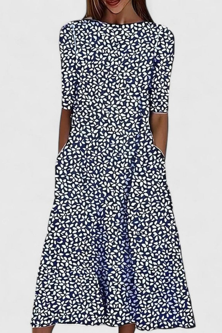 Amelie | Damen Baumwolle A-Linie Blumen Rundhals Midi-Kleid