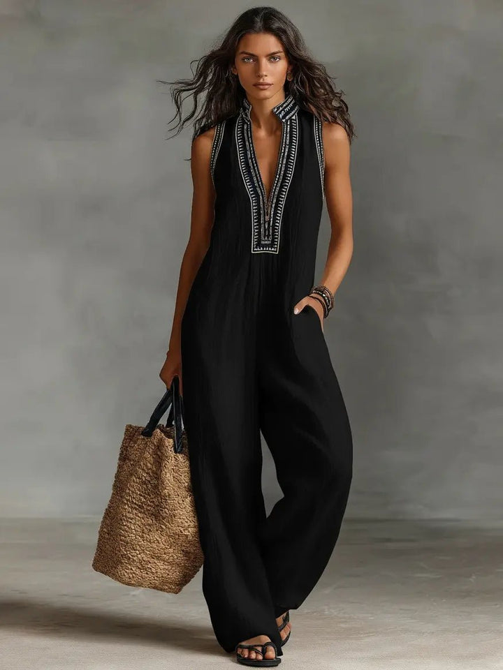 Annika | Damen Bestickter Ärmellose Linen Jumpsuit mit Stehkragen