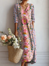 Annika | Damen Blumen Midi-Kleid mit V-Ausschnitt und Dreiviertelärmel