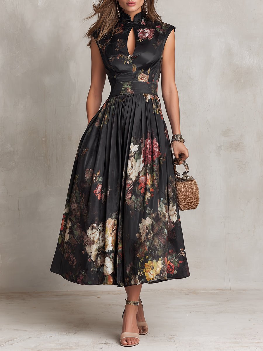 Johanna | Damen Blumen-Satin Midi-Kleid mit Schlüsselloch-Ausschnitt A-Linie