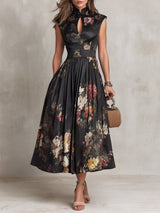 Johanna | Damen Blumen-Satin Midi-Kleid mit Schlüsselloch-Ausschnitt A-Linie