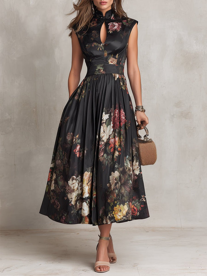 Johanna | Damen Blumen-Satin Midi-Kleid mit Schlüsselloch-Ausschnitt A-Linie