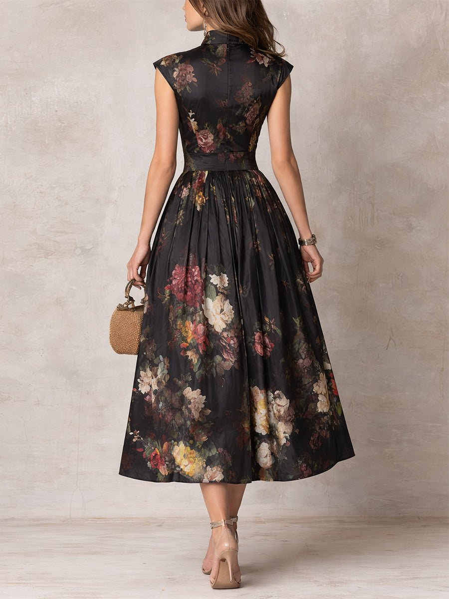 Johanna | Damen Blumen-Satin Midi-Kleid mit Schlüsselloch-Ausschnitt A-Linie